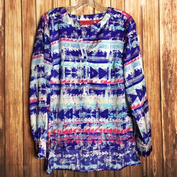 Belle Gray by Lisa Rinna Abstract Bold Bright Watercolor Arrow Blouse Size Small - Picture 2 of 6